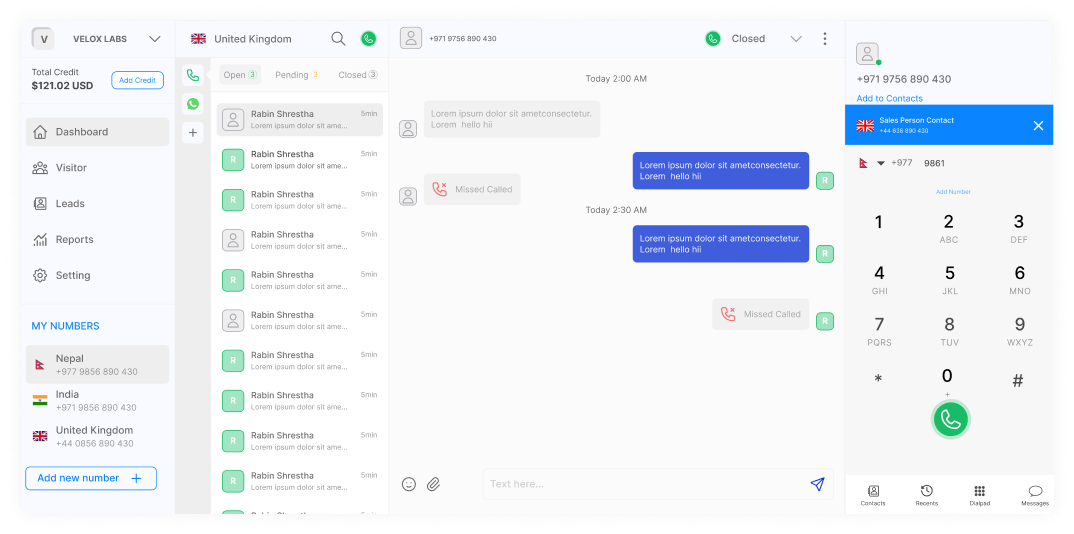 Dialinger communication dashboard with contact list, live chat, call logs, and dial pad interface.