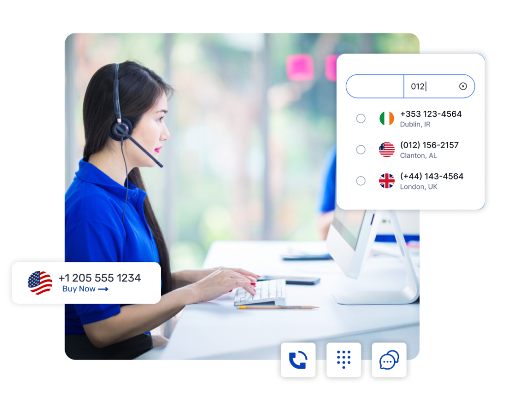 Customer support agent using Dialinger's calling interface with global number options.