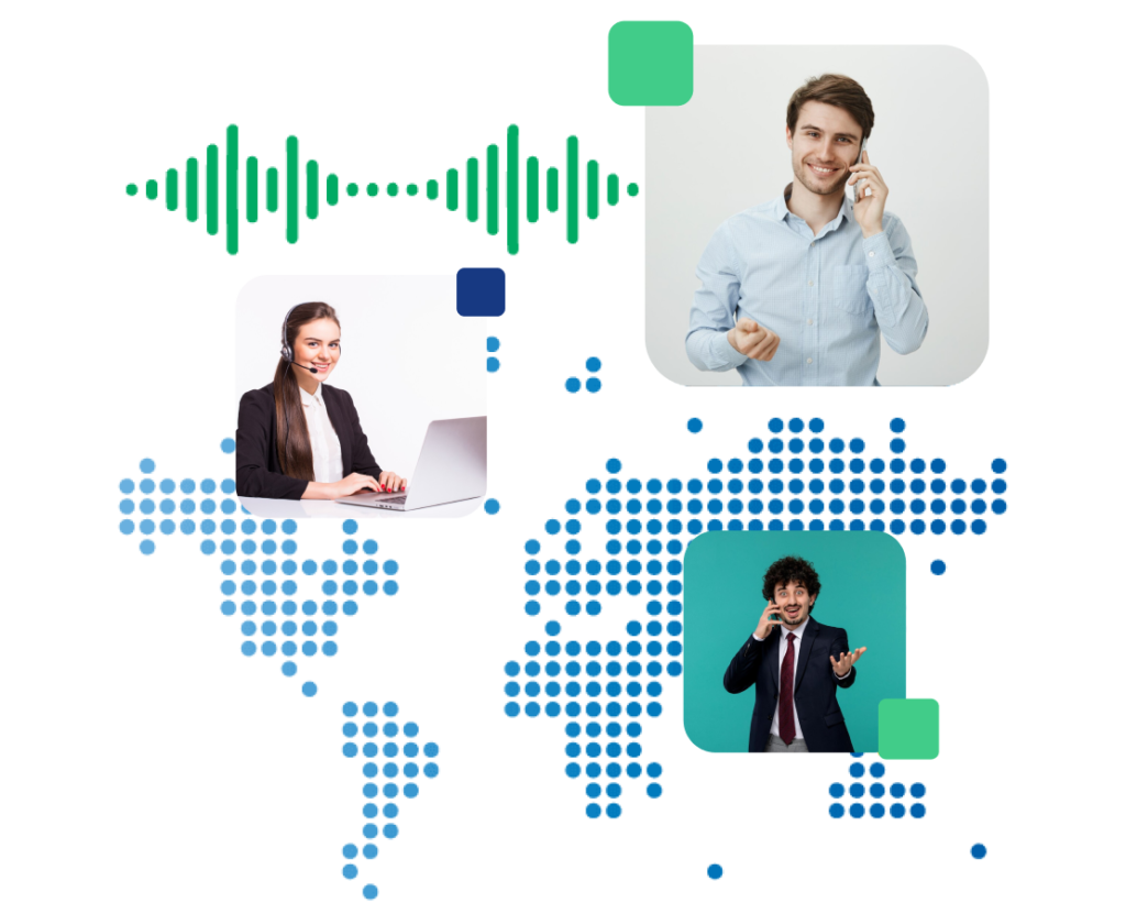 Transformative Dialinger solutions with business professionals, voice analytics icon, and a global connectivity map.