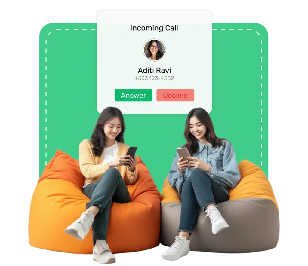 Two women using mobile phones with an internet call interface on screen