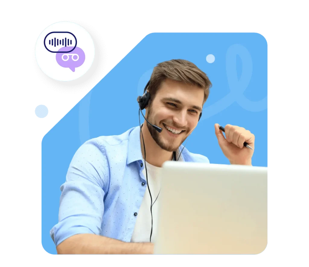 Smiling call center agent using a headset and laptop, symbolizing call traffic insights with Dialinger.